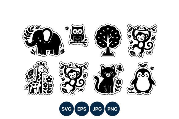 Black White Cute Animal Vector Stickers